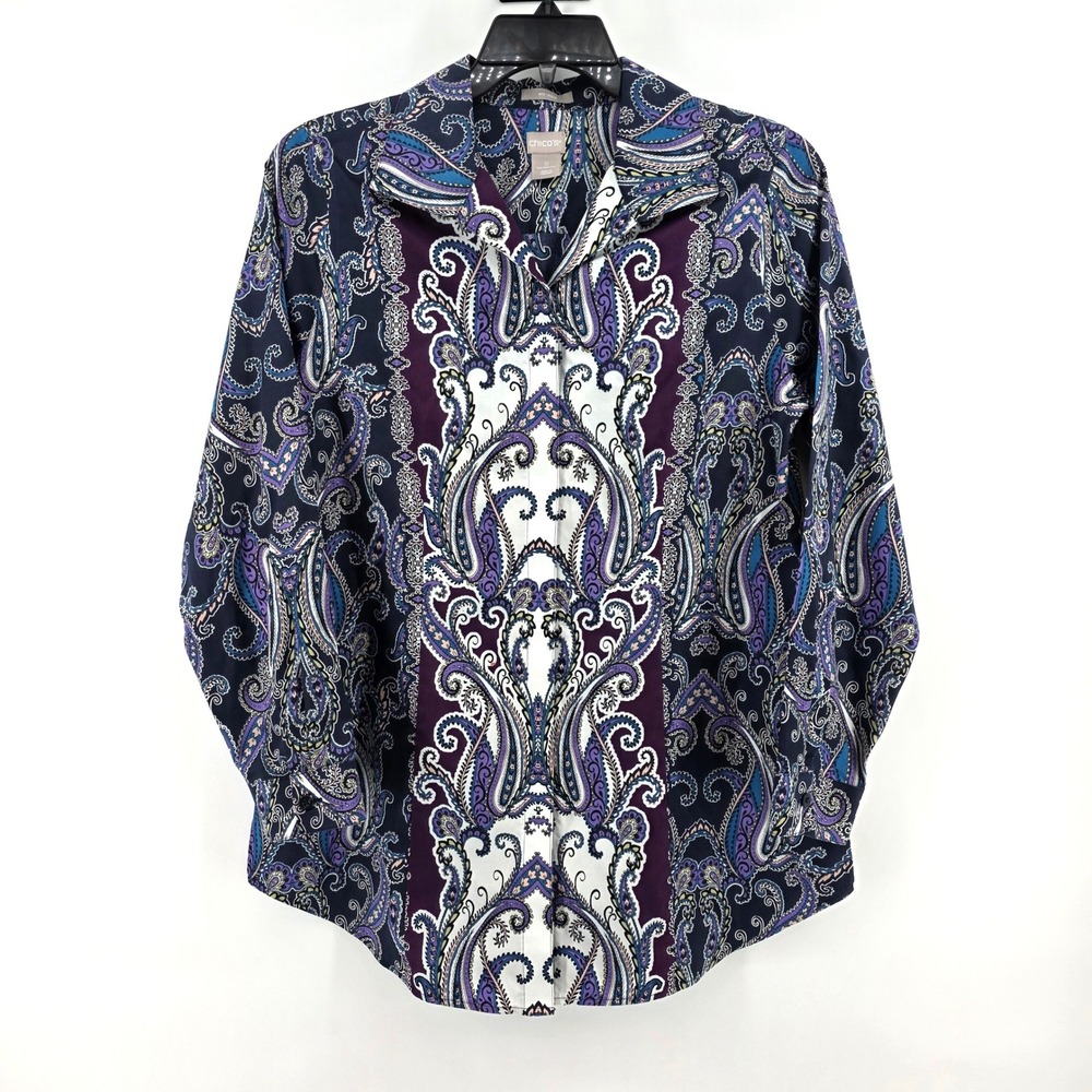 Chicos No Iron Paisley Button Up Shirt Navy Purple Cotton Womens Size 0